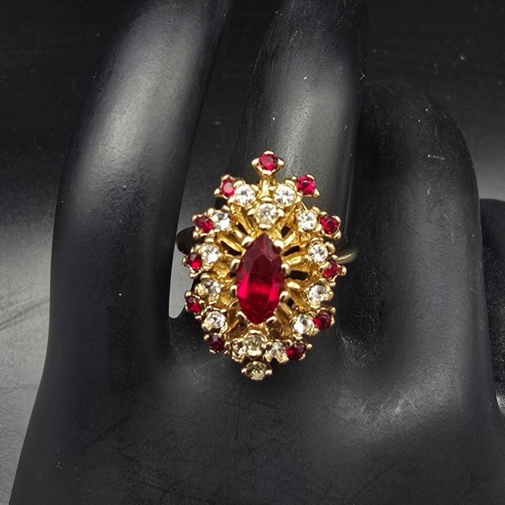 Vintage Red Rhinestone Cocktail Ring 18K HGE Size 5.75